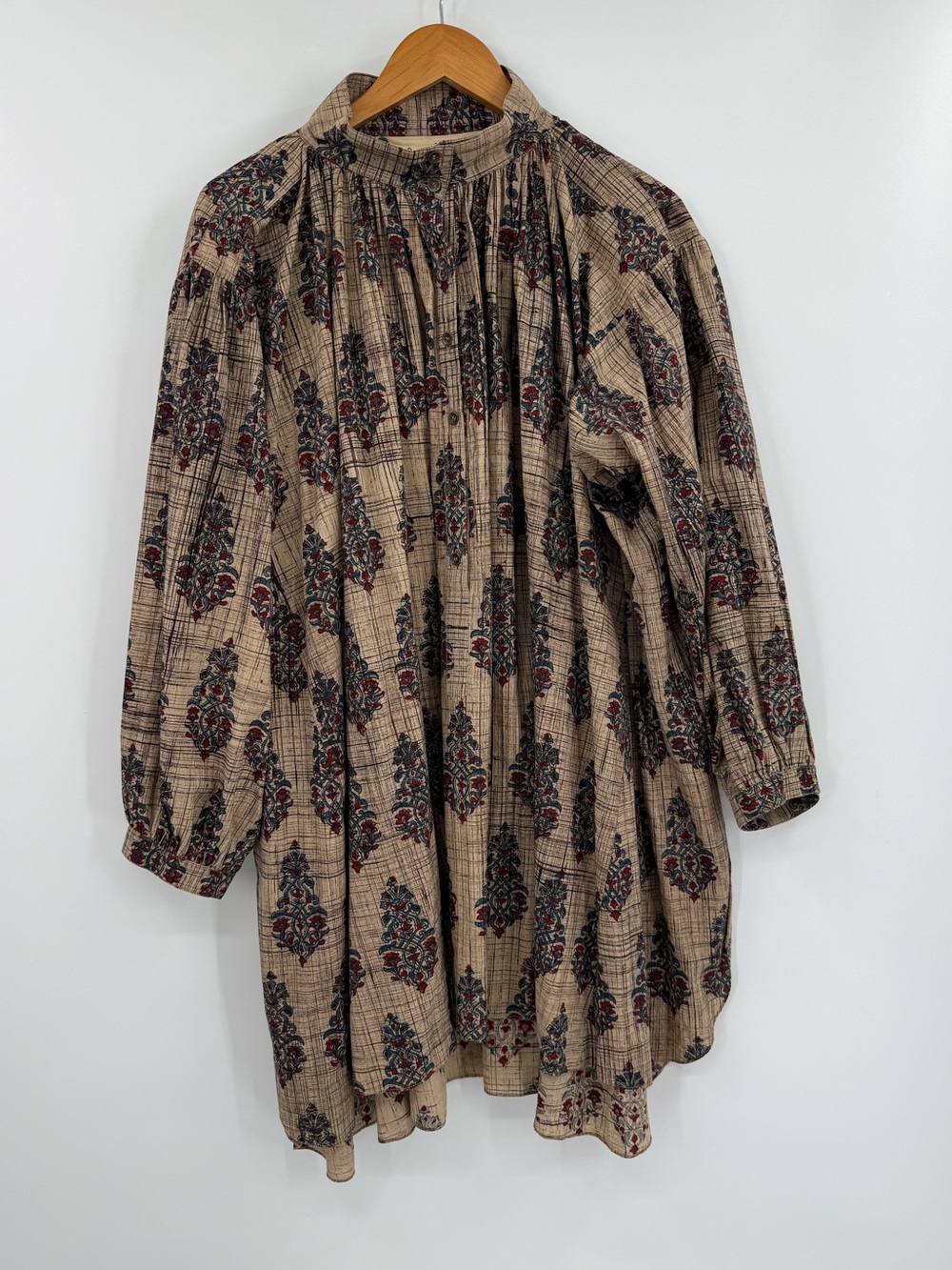 Madame Hall Block Print Gathered Shirtdress | Tan Multi | Large
